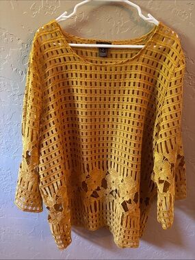Multiples Mustard Yellow Open Weave Crochet Top